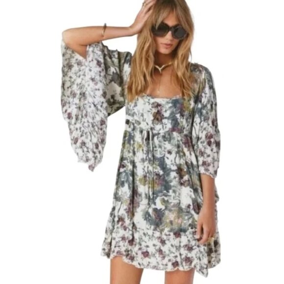Free People Heart of Gold Floral Print Mini Dress Butterfly Sleeves Size Small - Picture 1 of 14